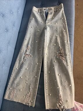 Fantastic Fawn Pearl-Embellished Light Blue Wide-Leg Jeans